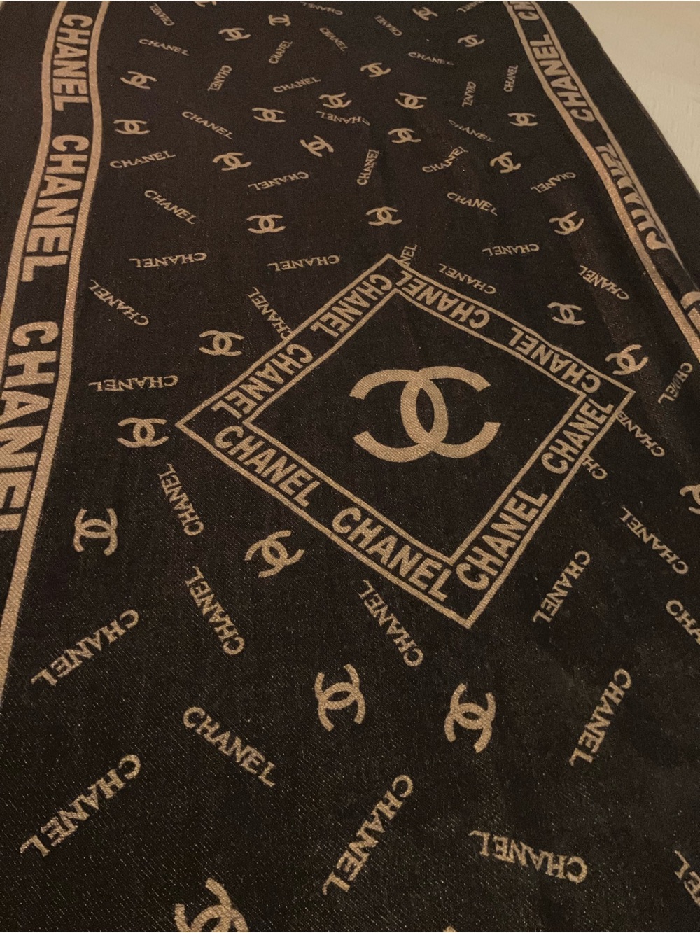 CHANEL Black and Gold Monogram Pashmina